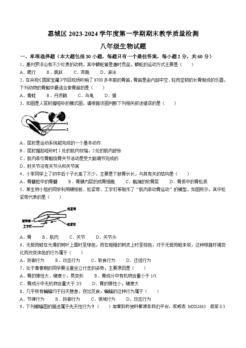 15，广东省惠州市江南学校2023-2024学年八年级上学期期末教学质量检测生物试题()01