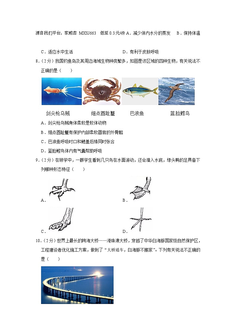 28，安徽省铜陵市铜官区2023-2024学年八年级上学期期末生物试卷02