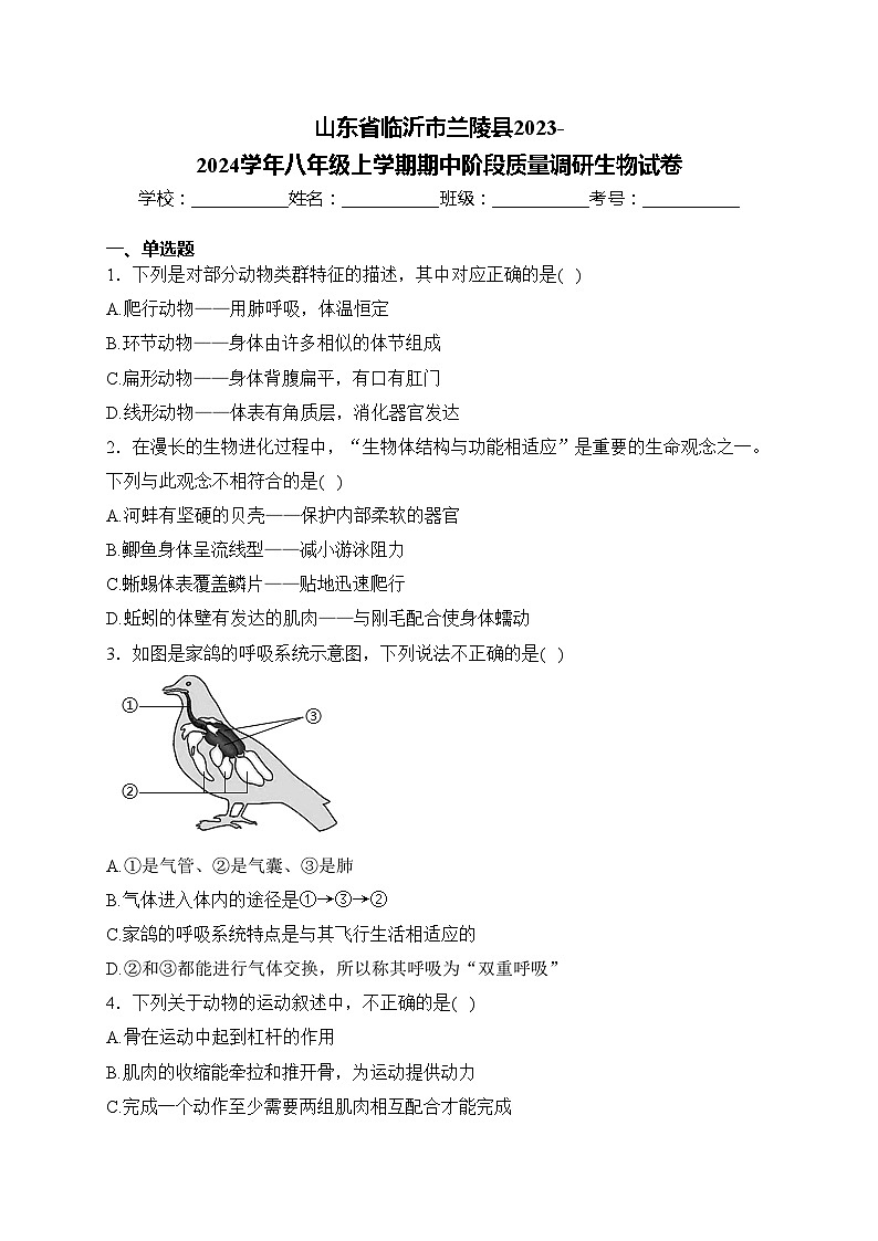 山东省临沂市兰陵县2023-2024学年八年级上学期期中阶段质量调研生物试卷(含答案)第1页