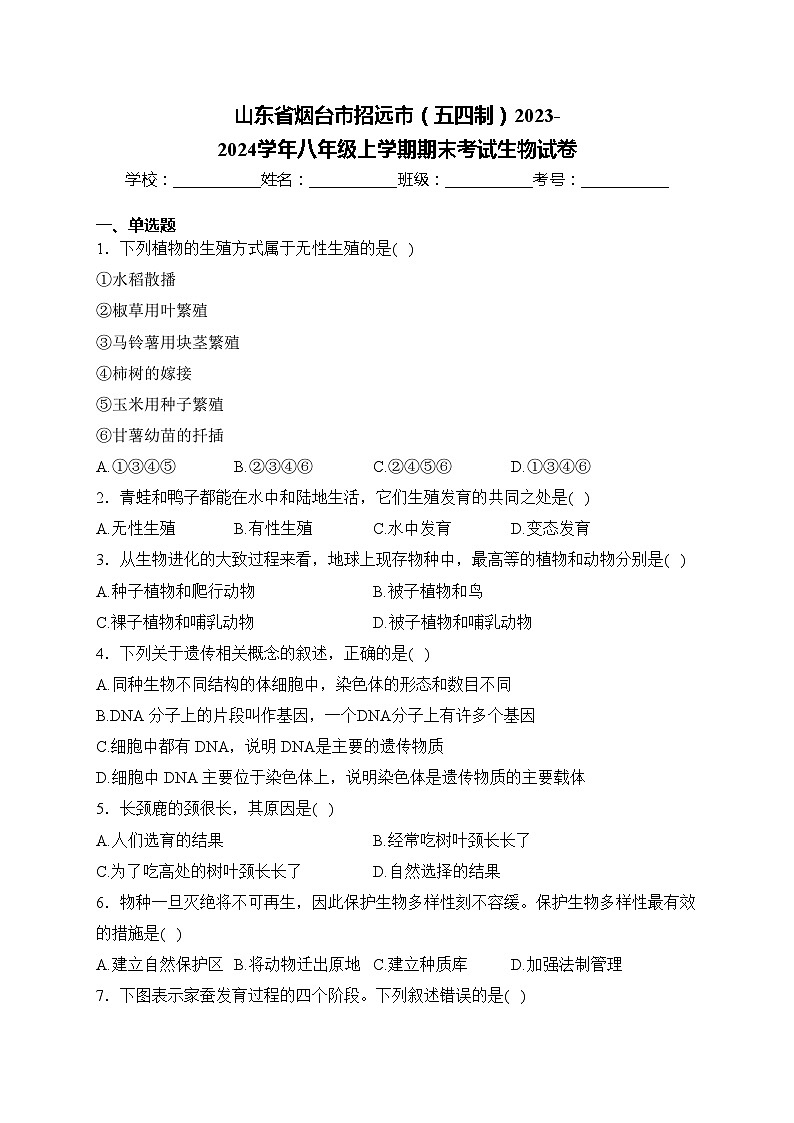 山东省烟台市招远市（五四制）2023-2024学年八年级上学期期末考试生物试卷(含答案)01
