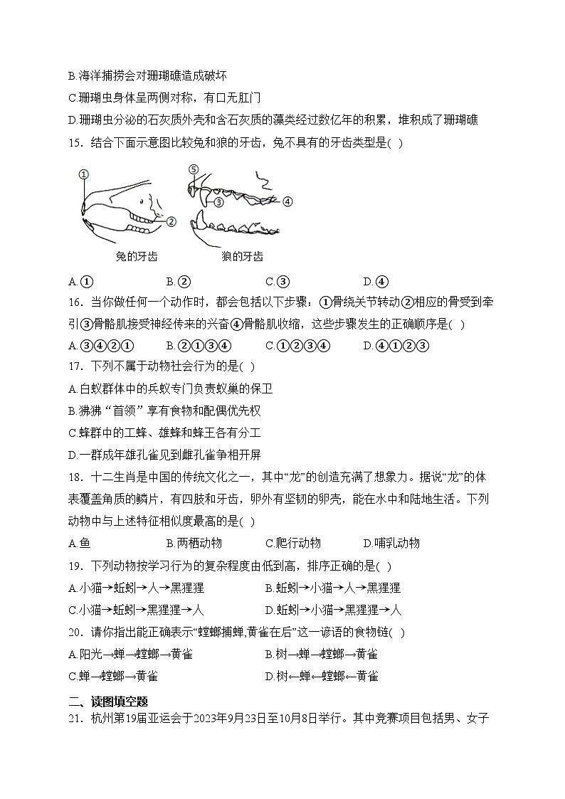 安徽省安庆市怀宁县2023-2024学年八年级上学期期中考试生物试卷(含答案)第3页