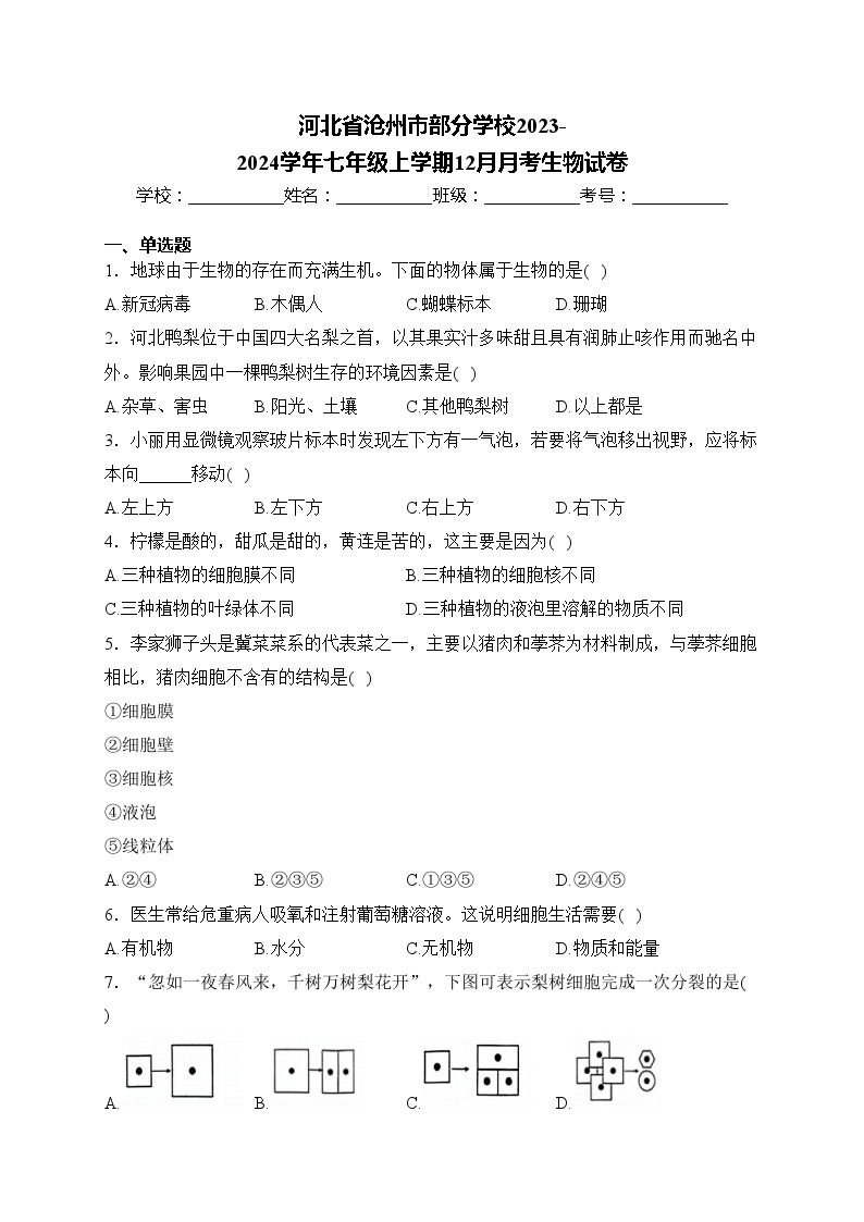 河北省沧州市部分学校2023-2024学年七年级上学期12月月考生物试卷(含答案)01