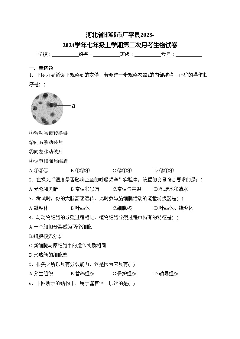 河北省邯郸市广平县2023-2024学年七年级上学期第三次月考生物试卷(含答案)第1页
