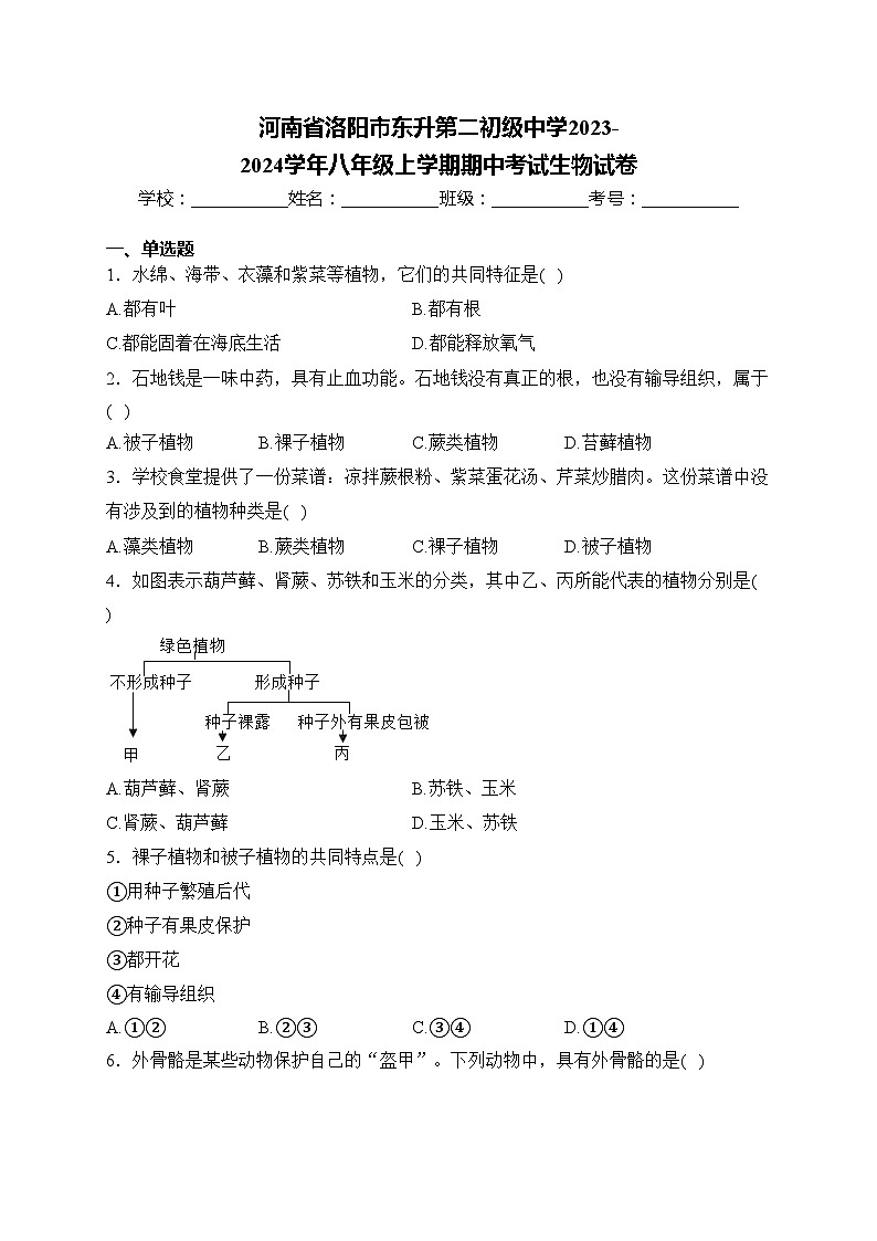 河南省洛阳市东升第二初级中学2023-2024学年八年级上学期期中考试生物试卷(含答案)第1页