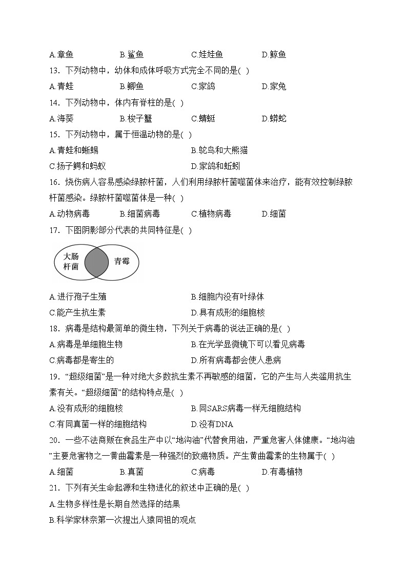 河南省洛阳市东升第二初级中学2023-2024学年八年级上学期期中考试生物试卷(含答案)第3页