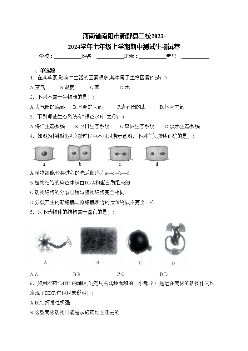 河南省南阳市新野县三校2023-2024学年七年级上学期期中测试生物试卷(含答案)01