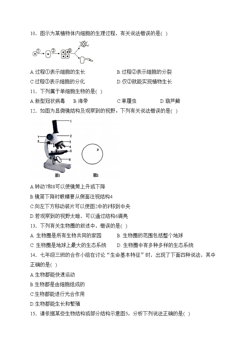 山西省朔州市怀仁市2023-2024学年七年级上学期期中学情调研生物试卷(含答案)03