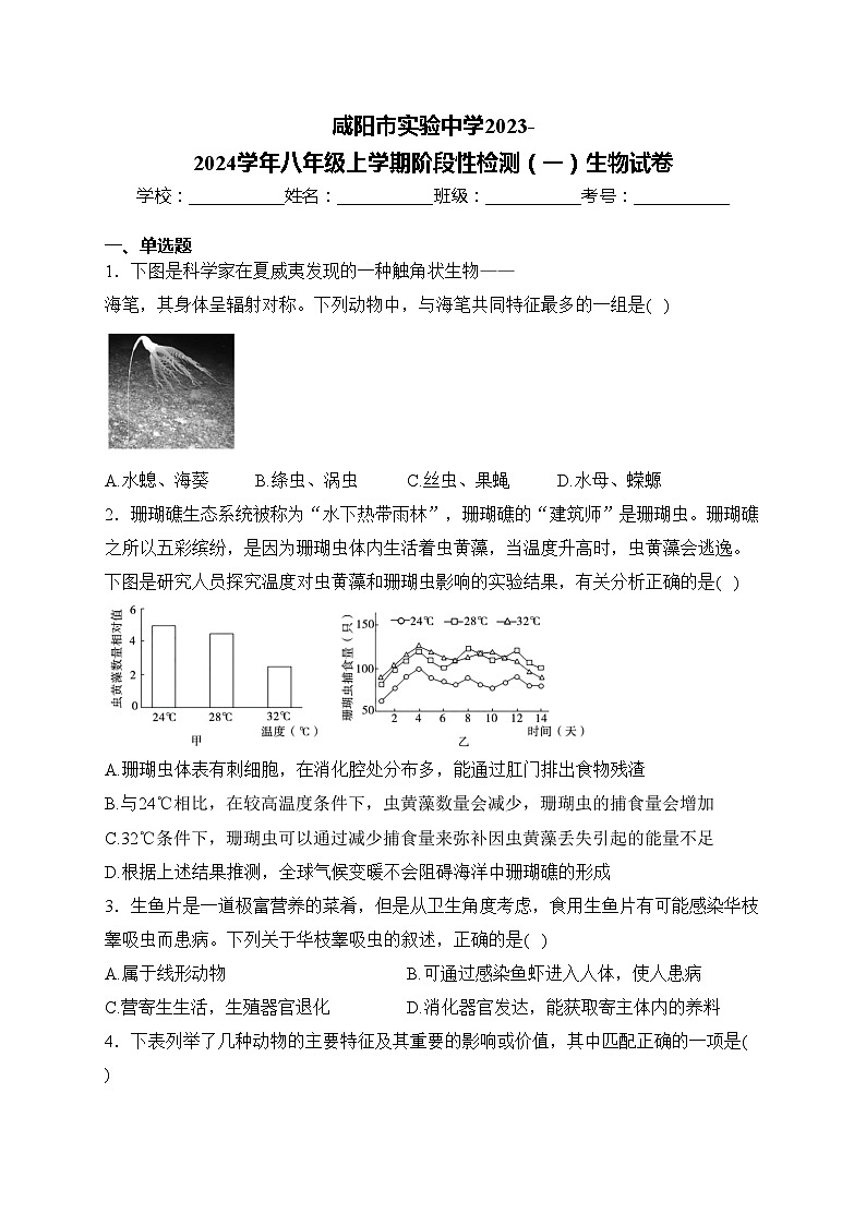 咸阳市实验中学2023-2024学年八年级上学期阶段性检测（一）生物试卷(含答案)第1页