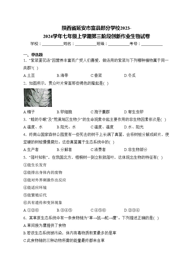 陕西省延安市富县部分学校2023-2024学年七年级上学期第三阶段创新作业生物试卷(含答案)第1页