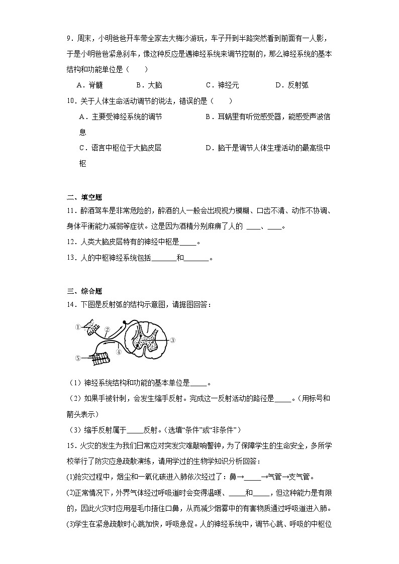 人教版初中生物七年级下册4.6.2《神经系统的组成》课时练习第3页
