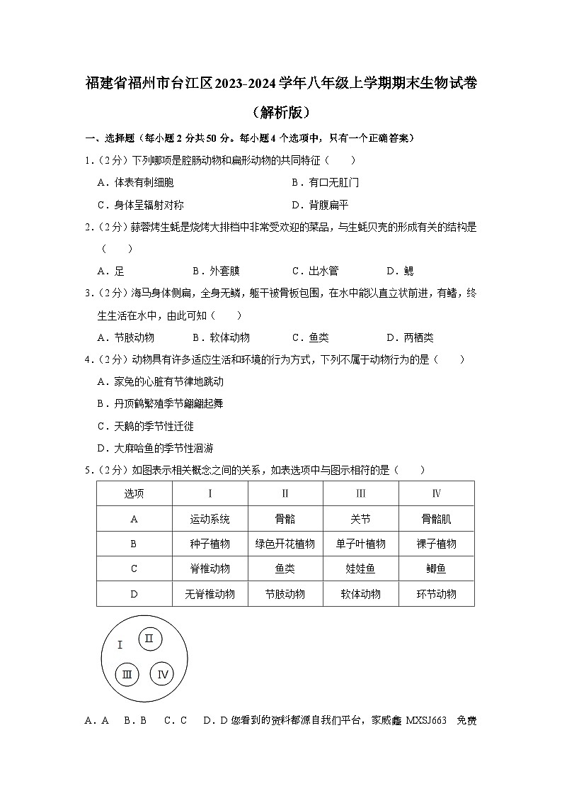 福建省福州市台江区2023-2024学年八年级上学期期末生物试卷01