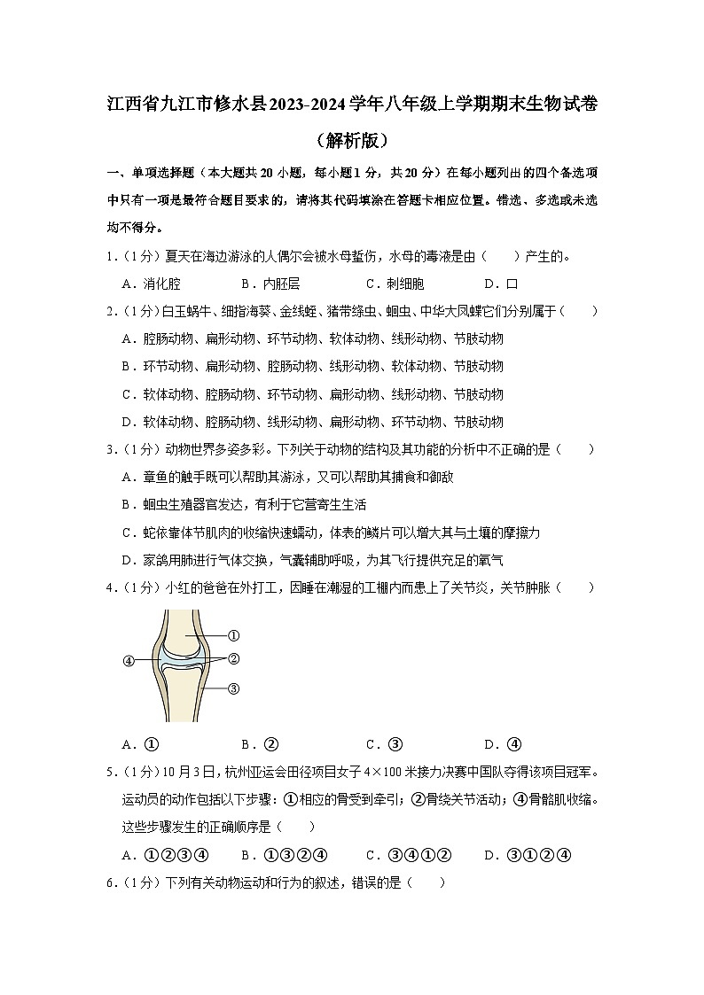 江西省九江市修水县2023-2024学年八年级上学期期末生物试卷第1页