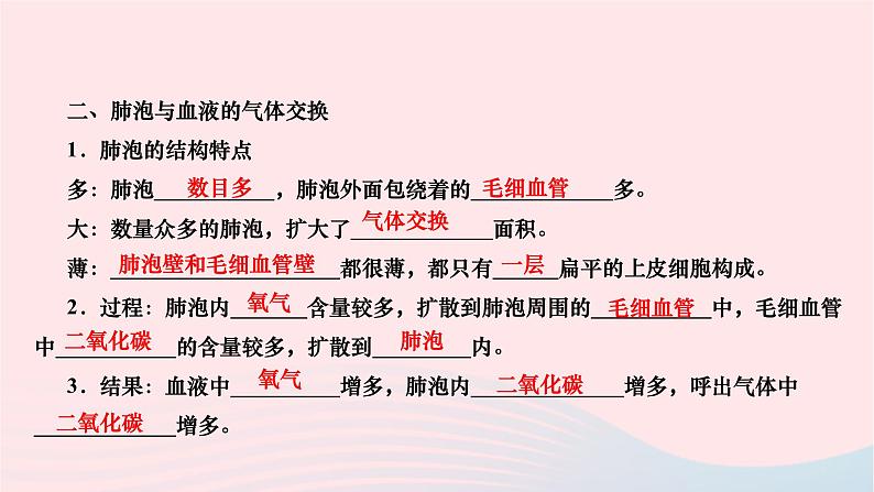 2024七年级生物下册第四单元生物圈中的人第三章人体的呼吸第二节发生在肺内的气体交换作业课件新版新人教版04