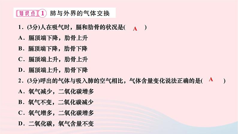 2024七年级生物下册第四单元生物圈中的人第三章人体的呼吸第二节发生在肺内的气体交换作业课件新版新人教版06