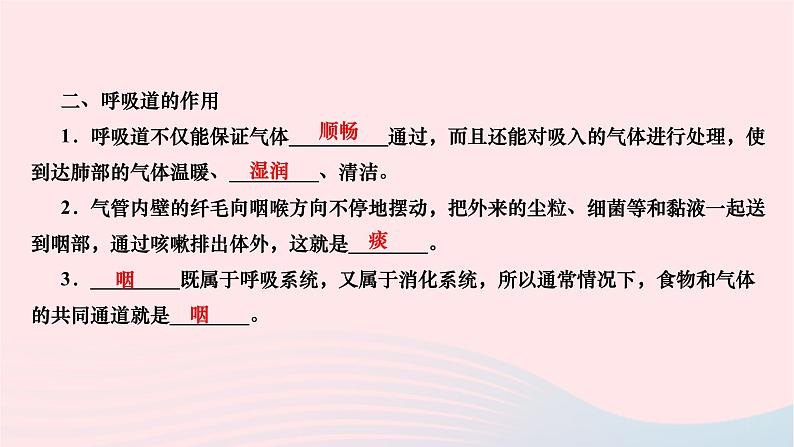 2024七年级生物下册第四单元生物圈中的人第三章人体的呼吸第一节呼吸道对空气的处理作业课件新版新人教版第4页