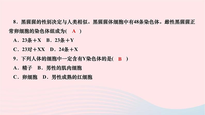 2024八年级生物下册第七单元生物圈中生命的延续和发展第二章生物的遗传与变异第四节人的性别遗传作业课件新版新人教版第8页