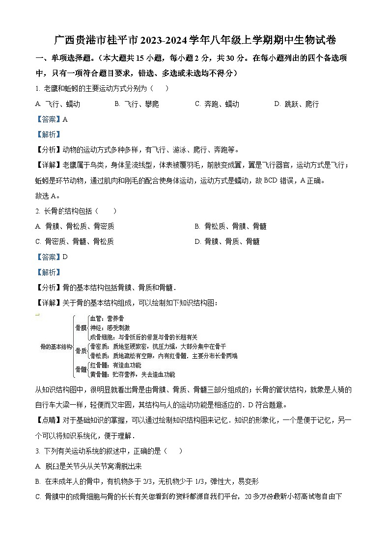 42，广西贵港市桂平市2023-2024学年八年级上学期期中生物试题01