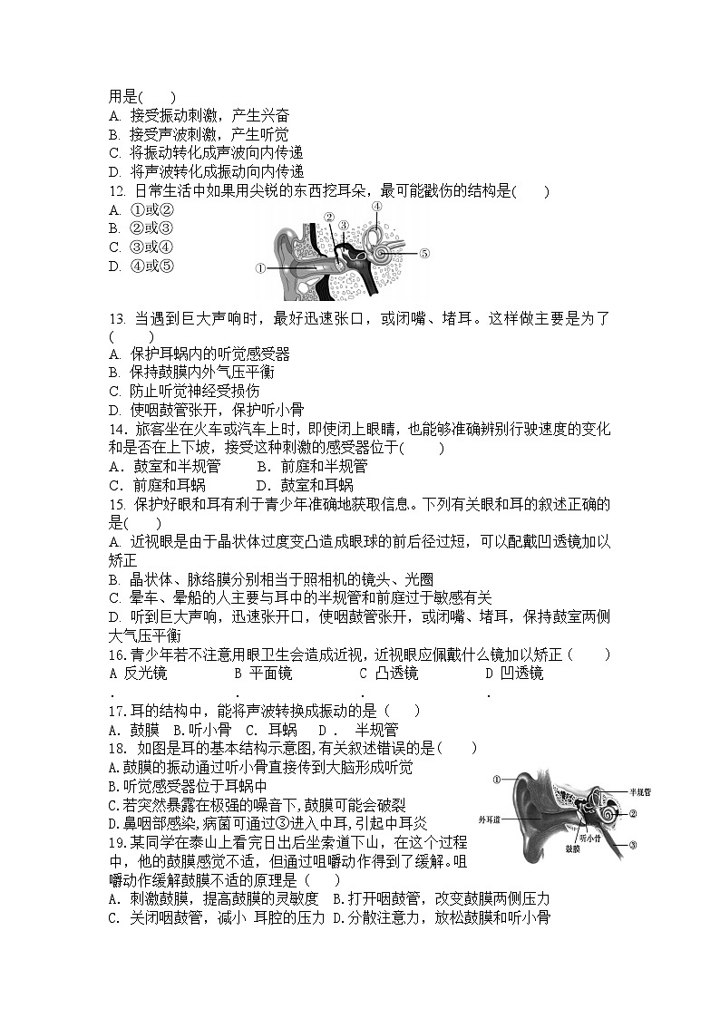 2023-2024学年人教版七年级生物学下册4.6.1++人体对外界环境的感知++同步训练（含答案）第2页