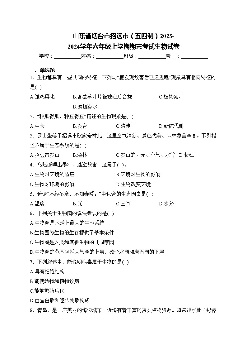 山东省烟台市招远市（五四制）2023-2024学年六年级上学期期末考试生物试卷(含答案)01