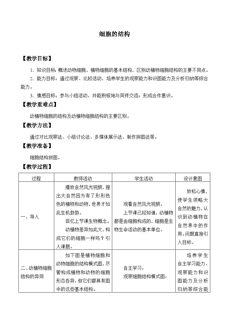冀少版生物七年级上册 第二章 第一节  细胞的结构_(2)教案第1页