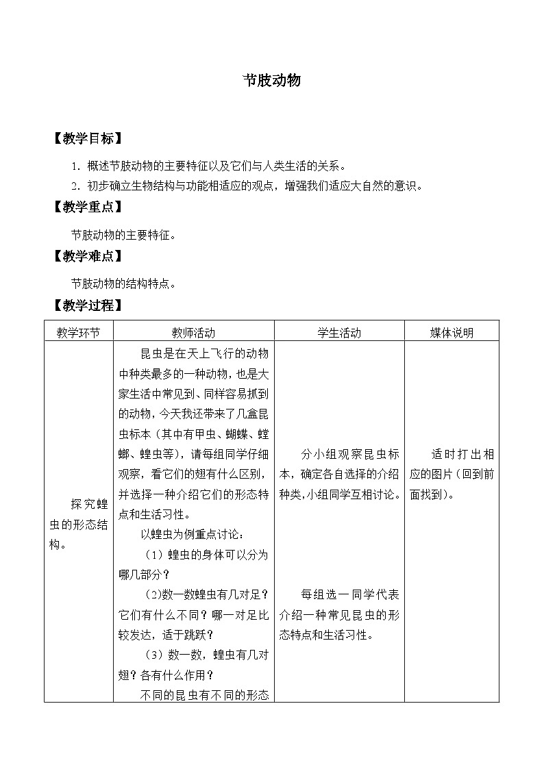 冀少版生物七年级上册 第四章 第五节 节肢动物_(1)教案01