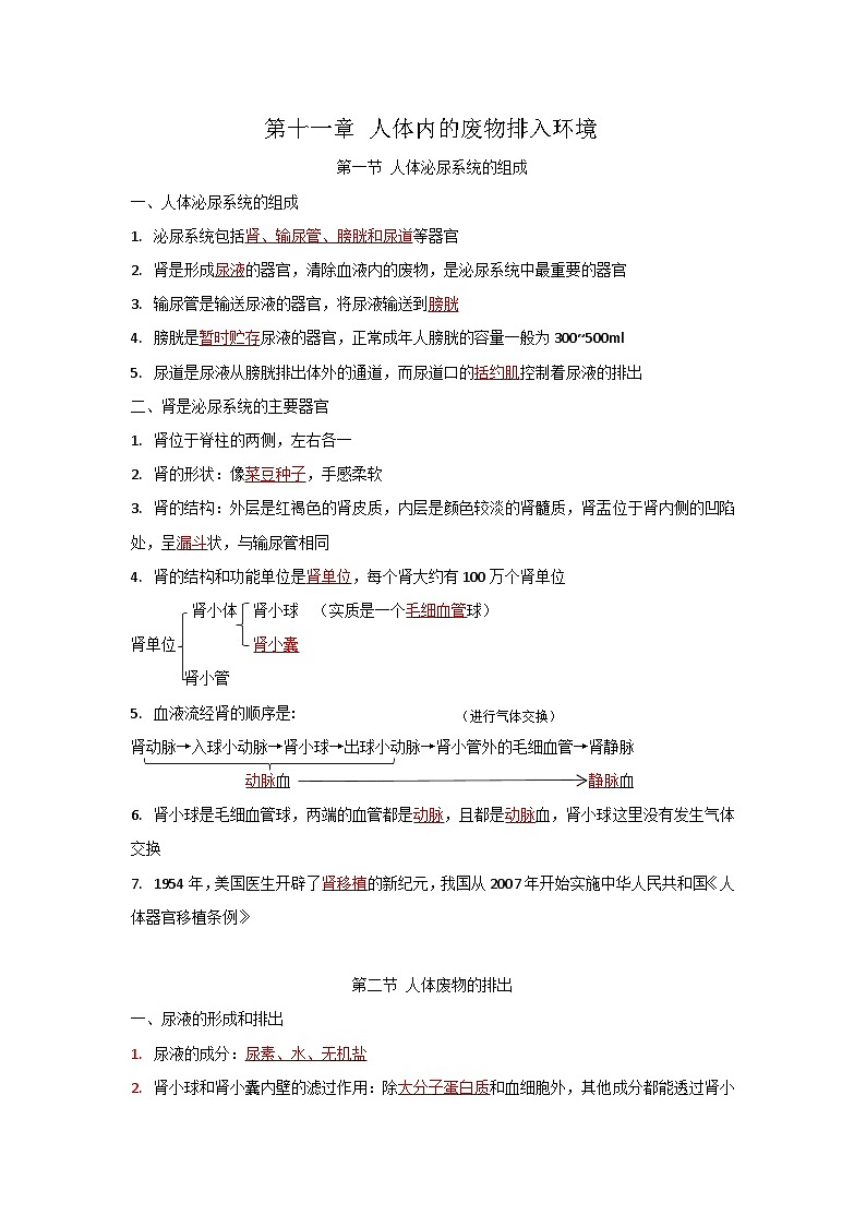 第十一章 人体内的废物排入环境-【必背知识】七年级生物必背知识清单（苏教版七下）01