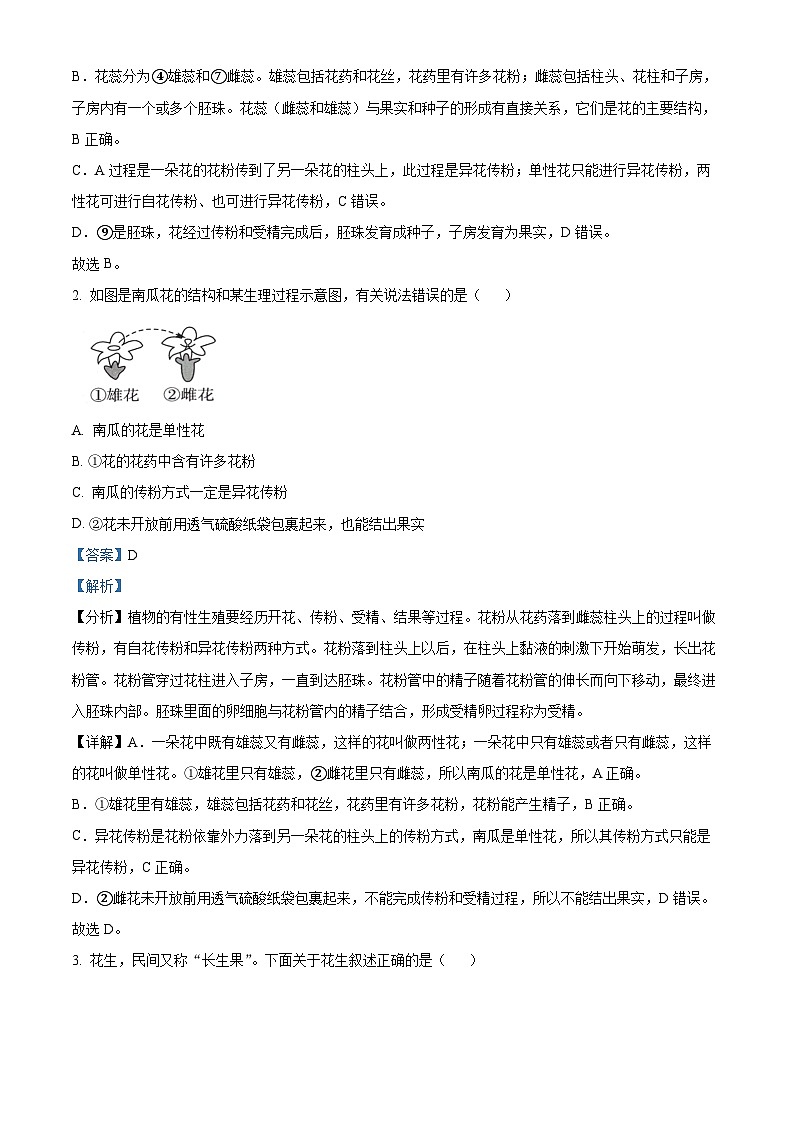 山东省济南市平阴县2023-2024学年八年级上学期期末生物试题（原卷版+解析版）02