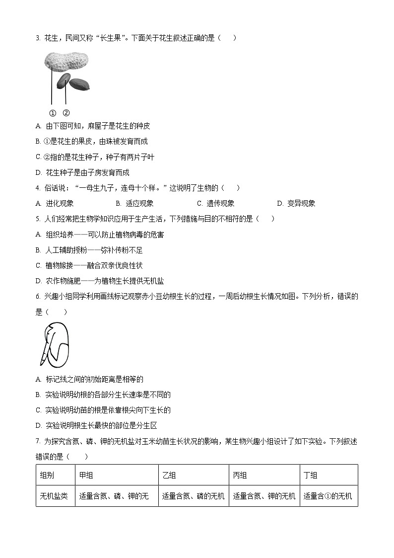 山东省济南市平阴县2023-2024学年八年级上学期期末生物试题（原卷版+解析版）02