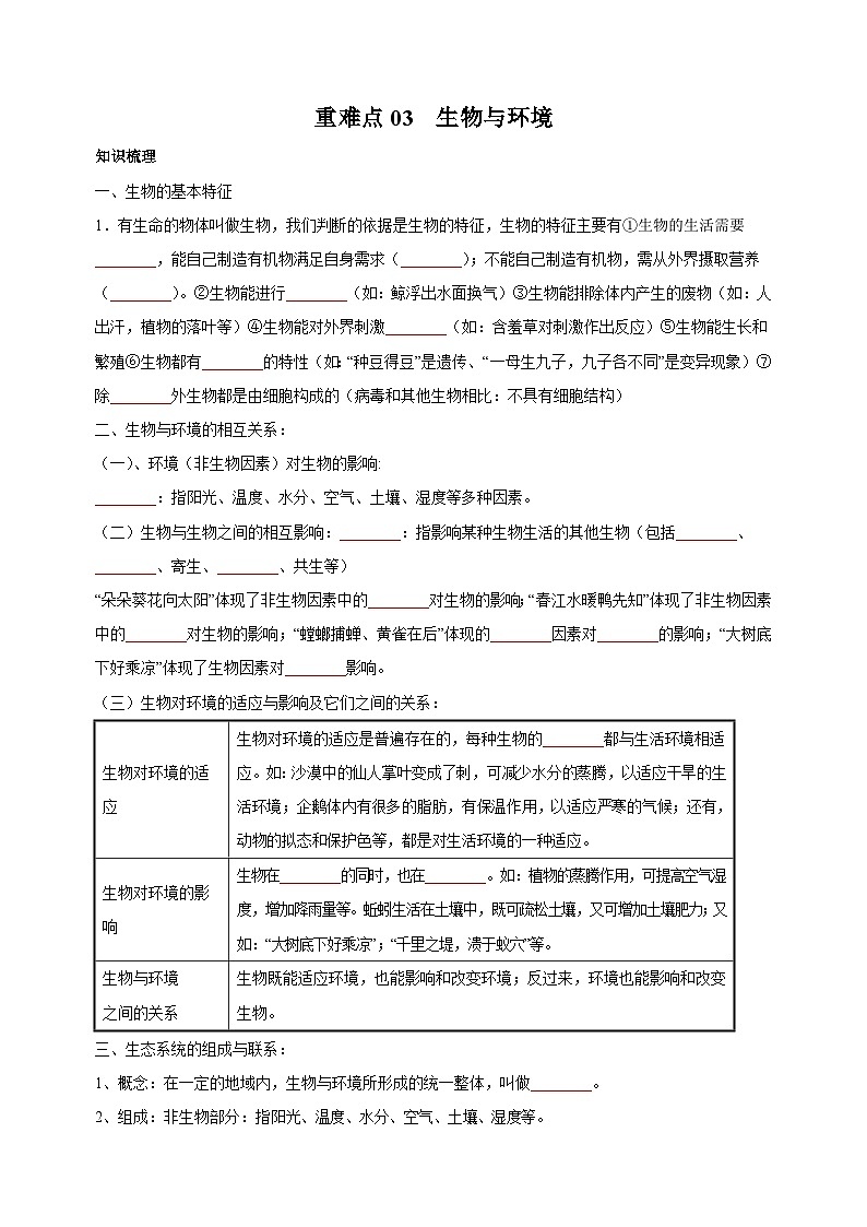 重难点03 生物与环境-中考生物【·重点·难点】练习（附答案和解析）01