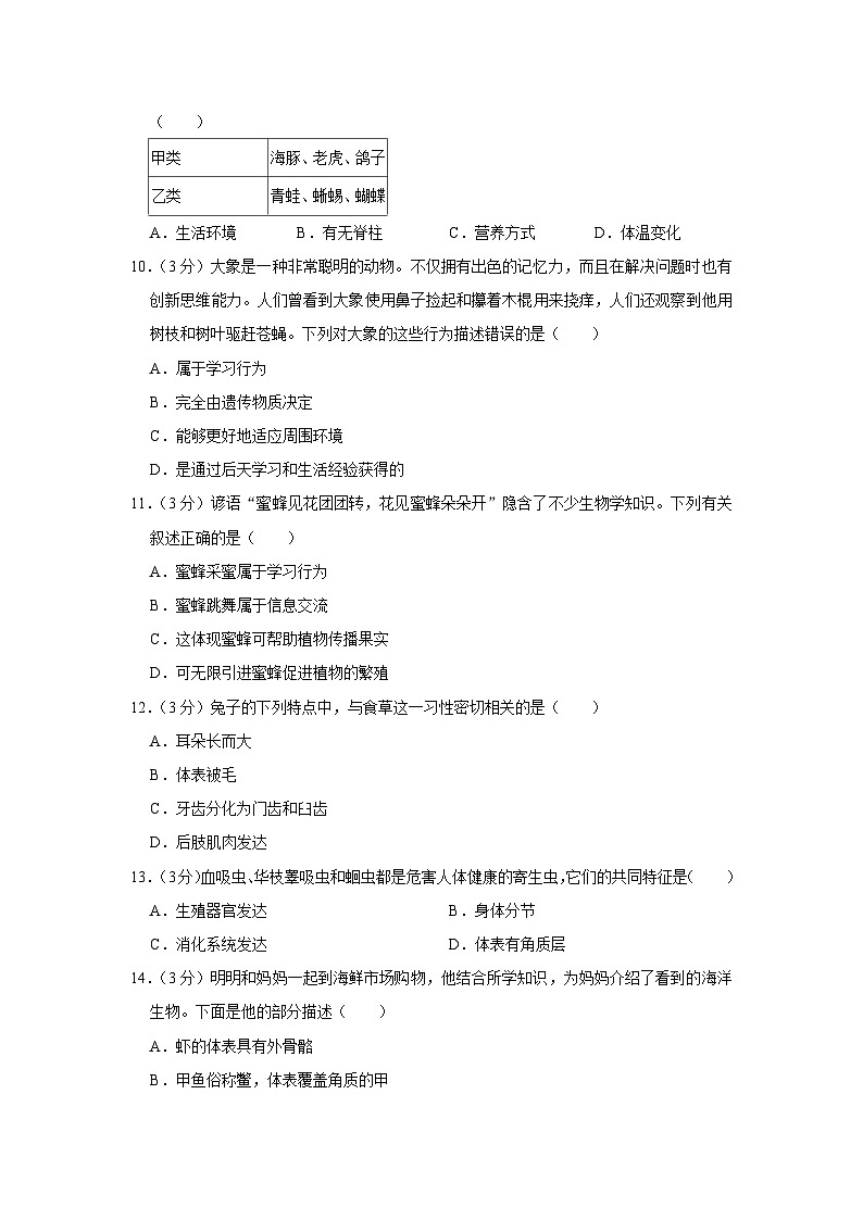 河北省沧州市孟村县2023-2024学年八年级上学期期末生物试卷03