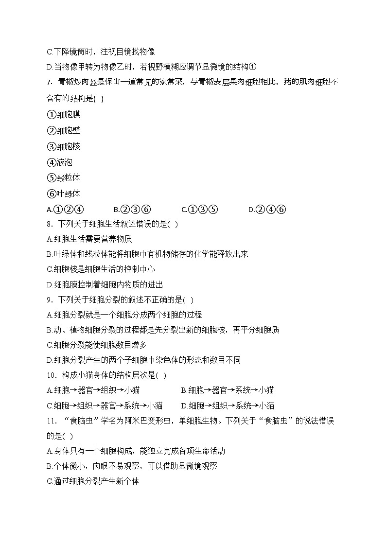 江西省赣州市大余县2023-2024学年七年级上学期期末检测生物试卷(含答案)第2页