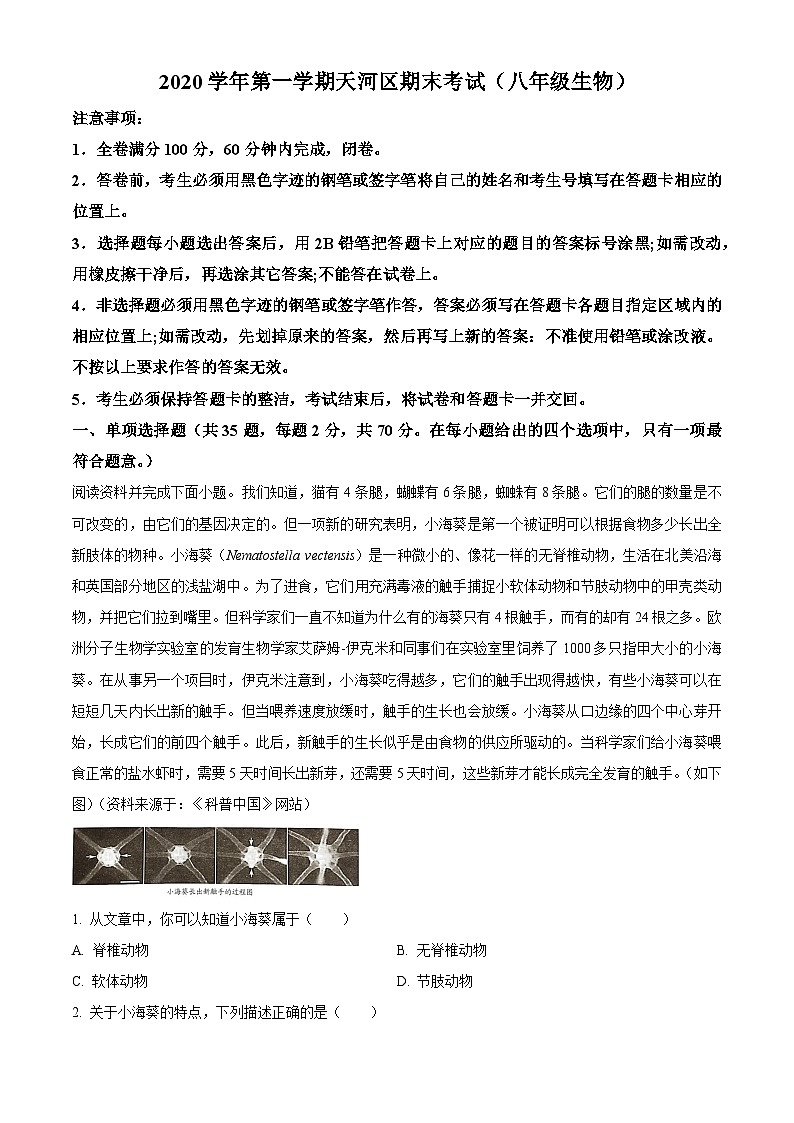 广东省广州市天河区2020-2021学年八年级上学期期末生物考试试题（原卷版+解析版）01
