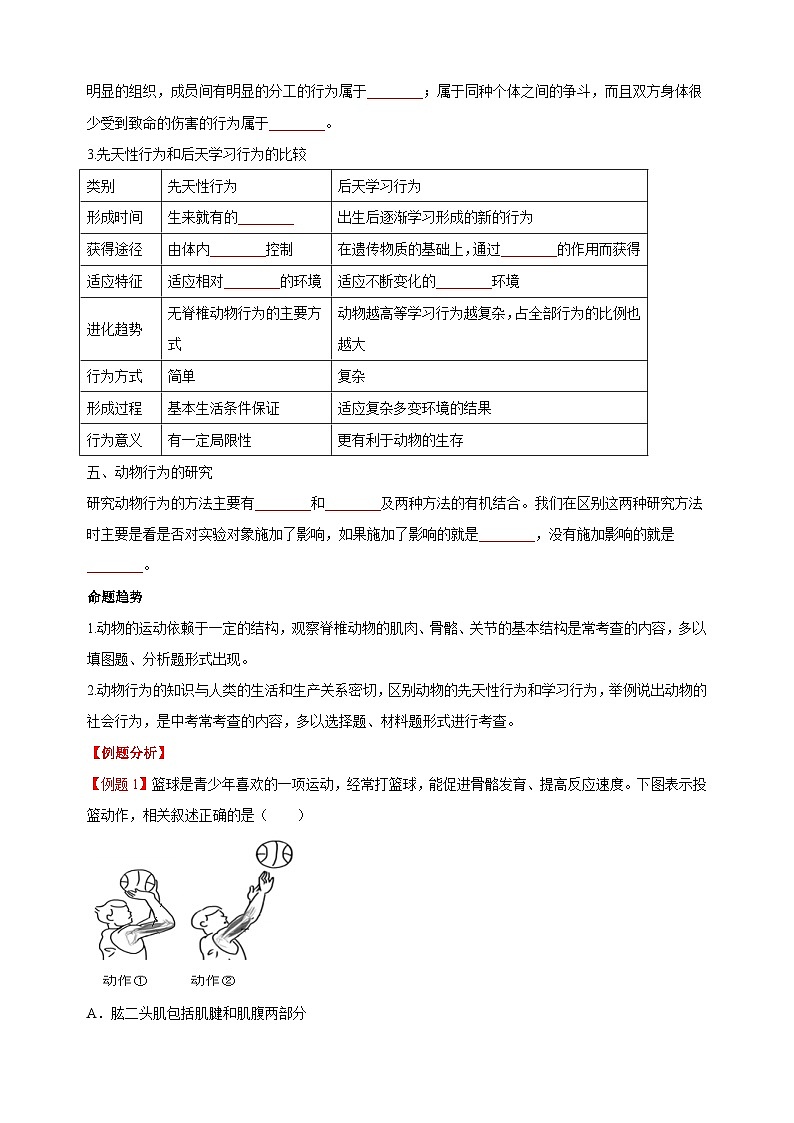 06 动物的运动和行为-中考生物练习（附答案和解析）02