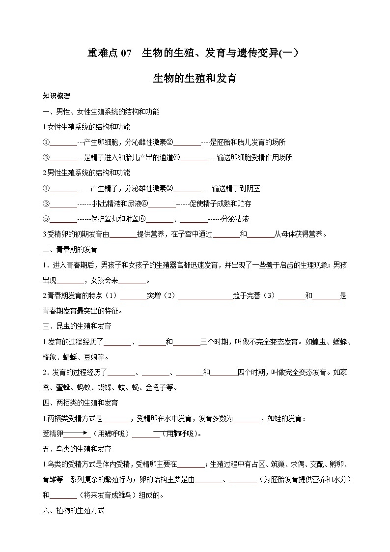 07 生物的生殖、发育与遗传变异（一）-中考生物练习（附答案和解析）01