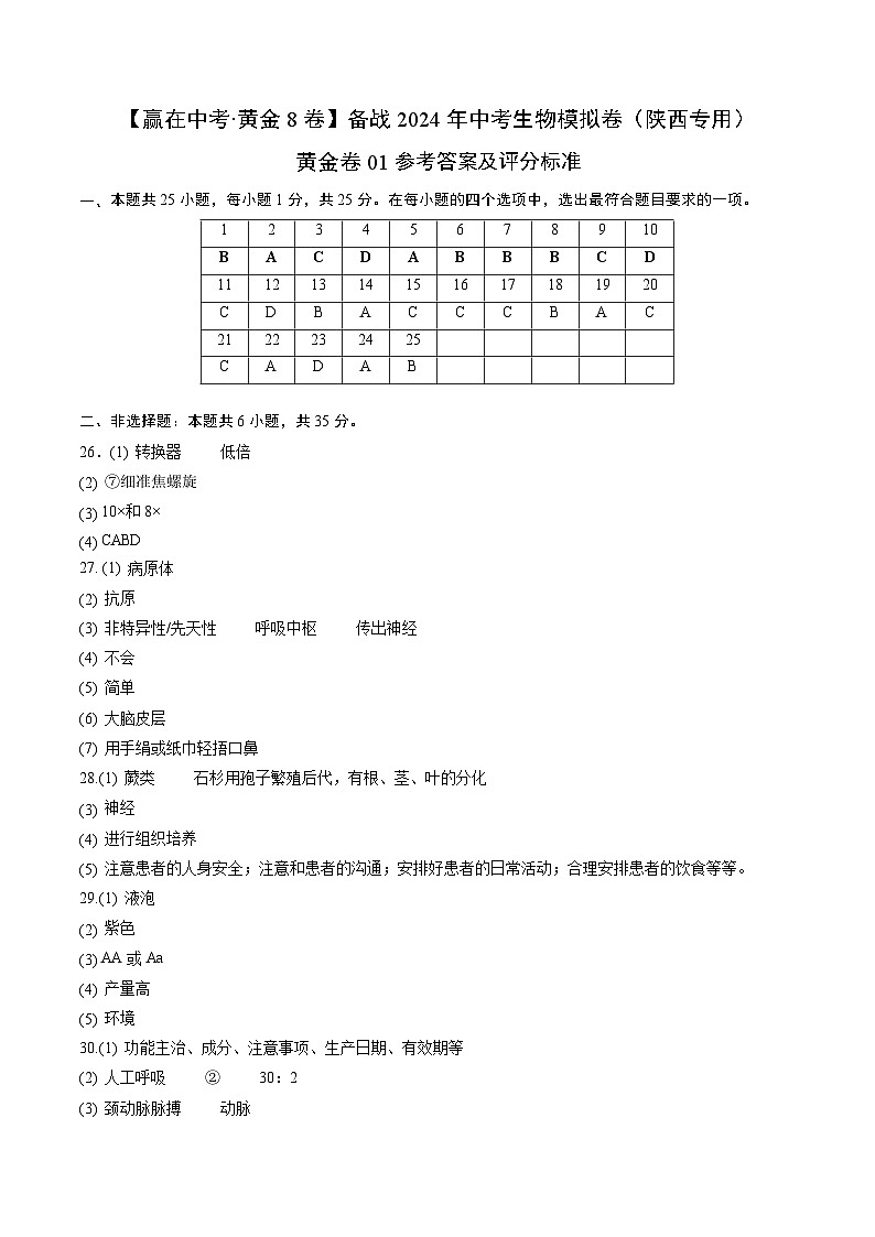 黄金卷02（陕西专用）-【赢在中考•黄金8卷】备战2024年中考生物模拟卷（陕西专用）01