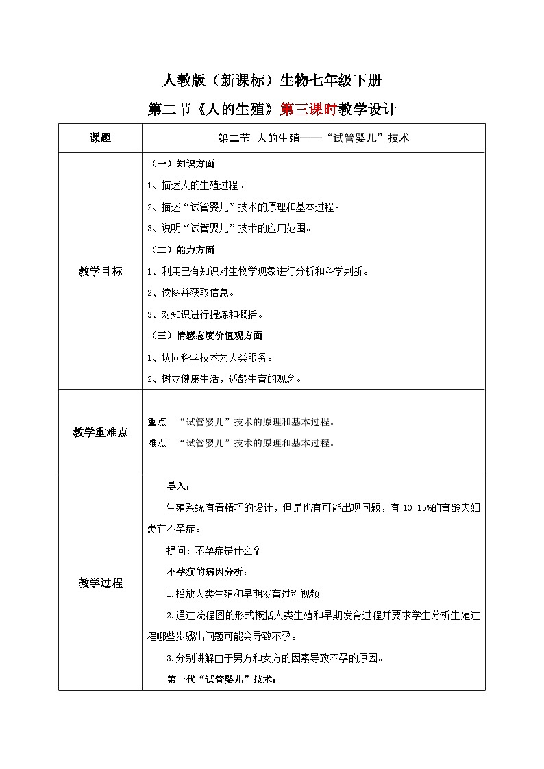 人教版七年级下册生物1.2《人的生殖》（第三课时）教学设计第1页