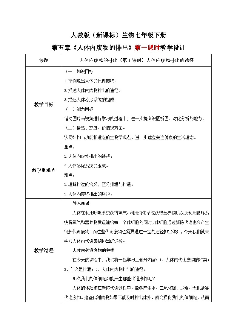 人教版七年级下册生物5人体内废物排出的途径教学设计第1页