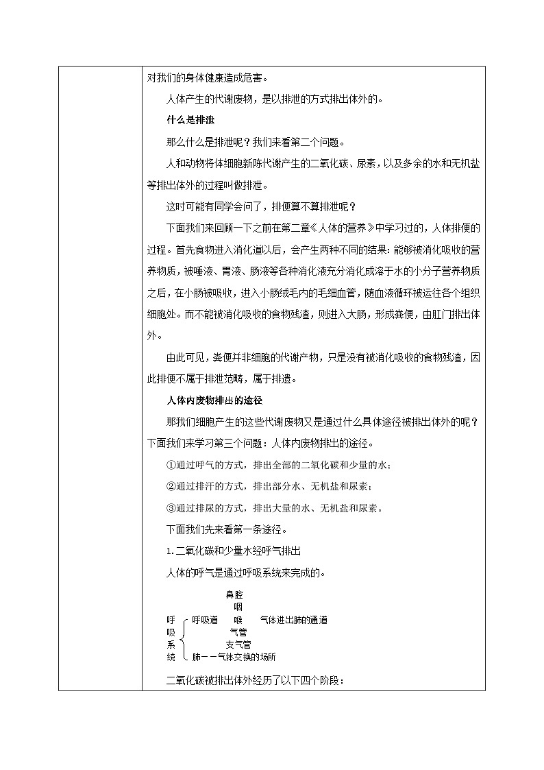 人教版七年级下册生物5人体内废物排出的途径教学设计第2页