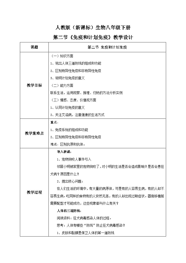 人教版八年级下册生物8.1.2《免疫与计划免疫》教学设计01