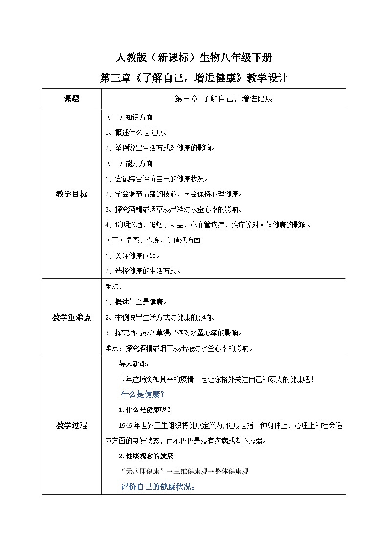人教版八年级下册生物第3章《了解自己，增进健康》章节综合-教学设计01