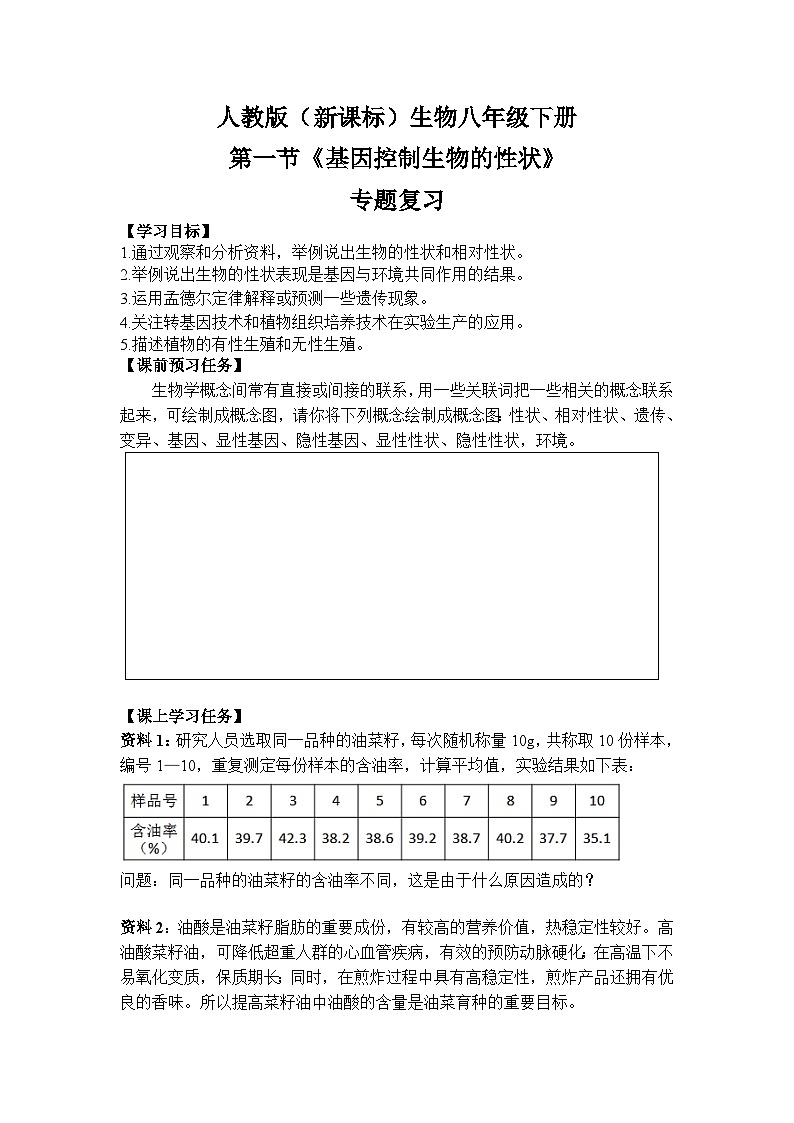 人教版八年级下册生物7.2.1《基因控制生物的性状》（专题复习）同步练习01
