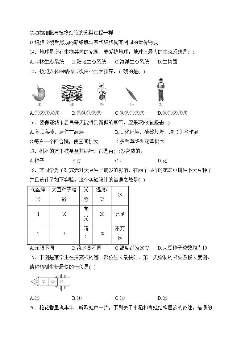 海南省乐东黎族自治县2023-2024学年七年级上学期期末考试生物试卷(含答案)03