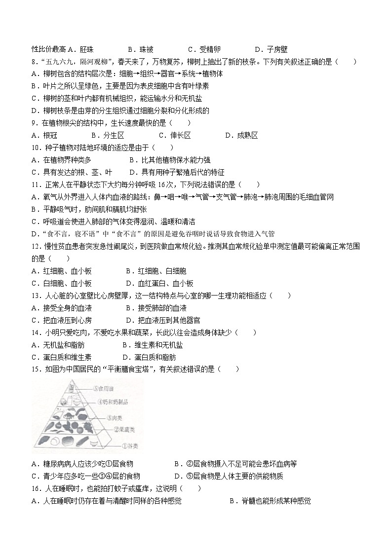 山东省东营市广饶县乐安街道乐安中学2023-2024学年八年级下学期开学生物试题()02