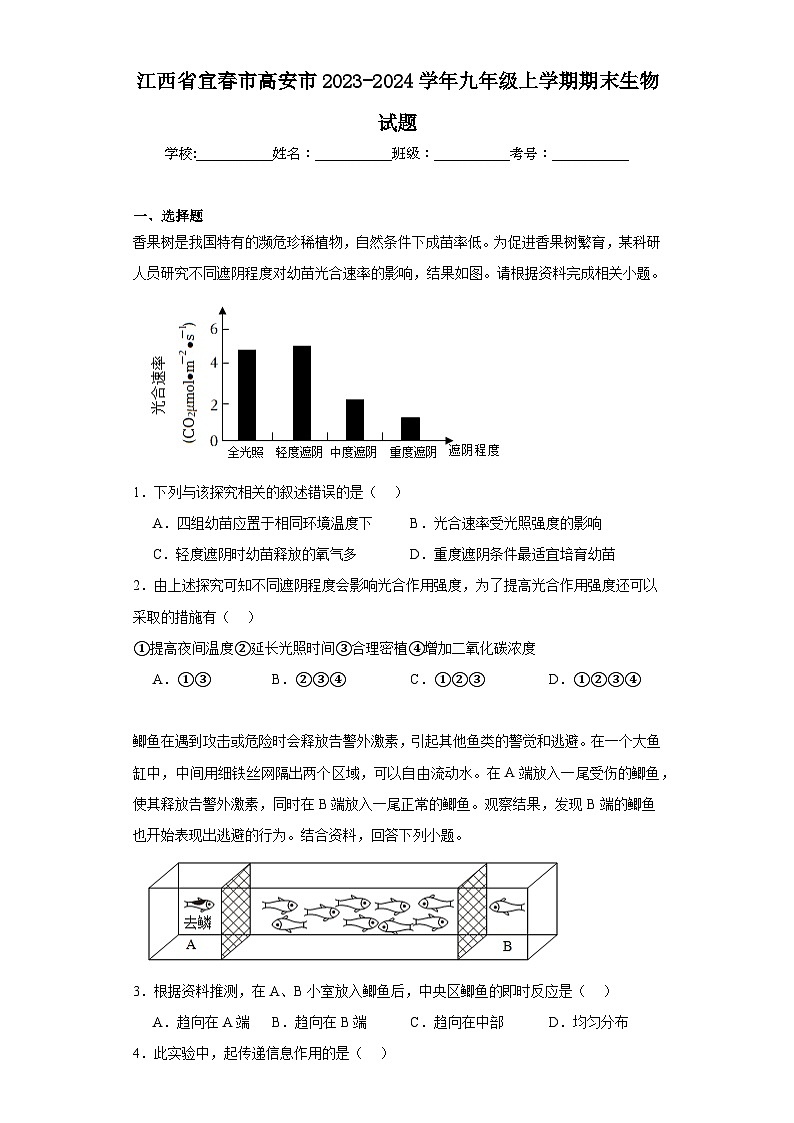 江西省宜春市高安市2023-2024学年九年级上学期期末生物试题(含答案)01