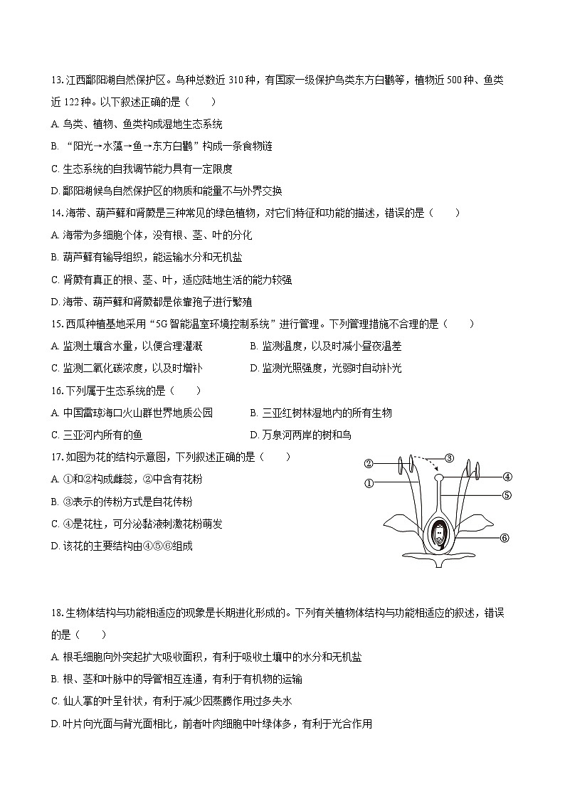 2023-2024学年四川省绵阳市江油市七年级（下）入学生物学试卷（含解析）第3页