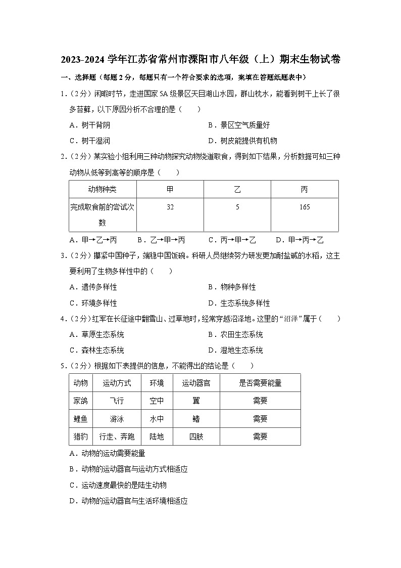 江苏省常州市溧阳市2023-2024学年八年级上学期期末生物试卷01