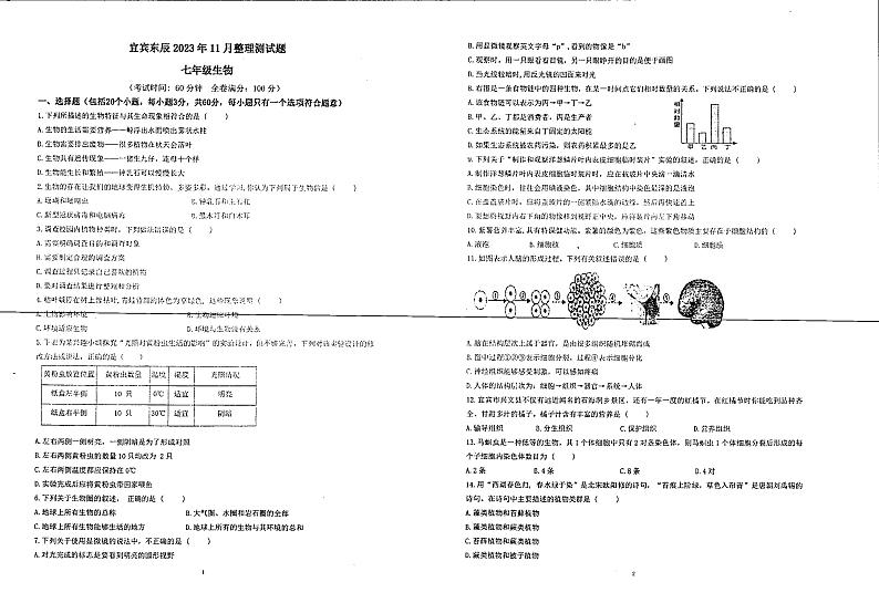 四川省绵阳市东辰国际学校2023-2024学年七年级上学期11月月考生物试题第1页