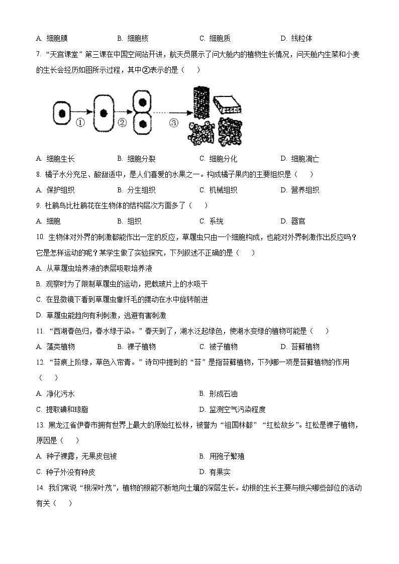 黑龙江省哈尔滨市呼兰区第四中学校2023-2024学年七年级上学期期末生物试题（原卷版+解析版）02