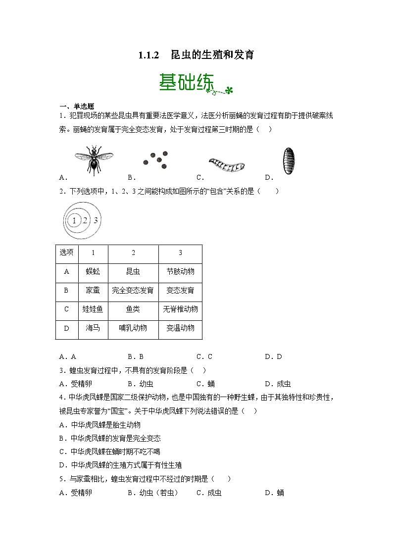 人教版八年级下册生物1.1.2 昆虫的生殖和发育（分层练）（原卷版）01