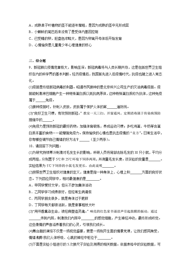 人教版八年级下册生物8.3.1 评价自己的健康状况（分层练）（原卷版）02